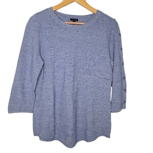Talbots Womens Marled Blue Button Sleeve Lightweight Knit Sweater Medium